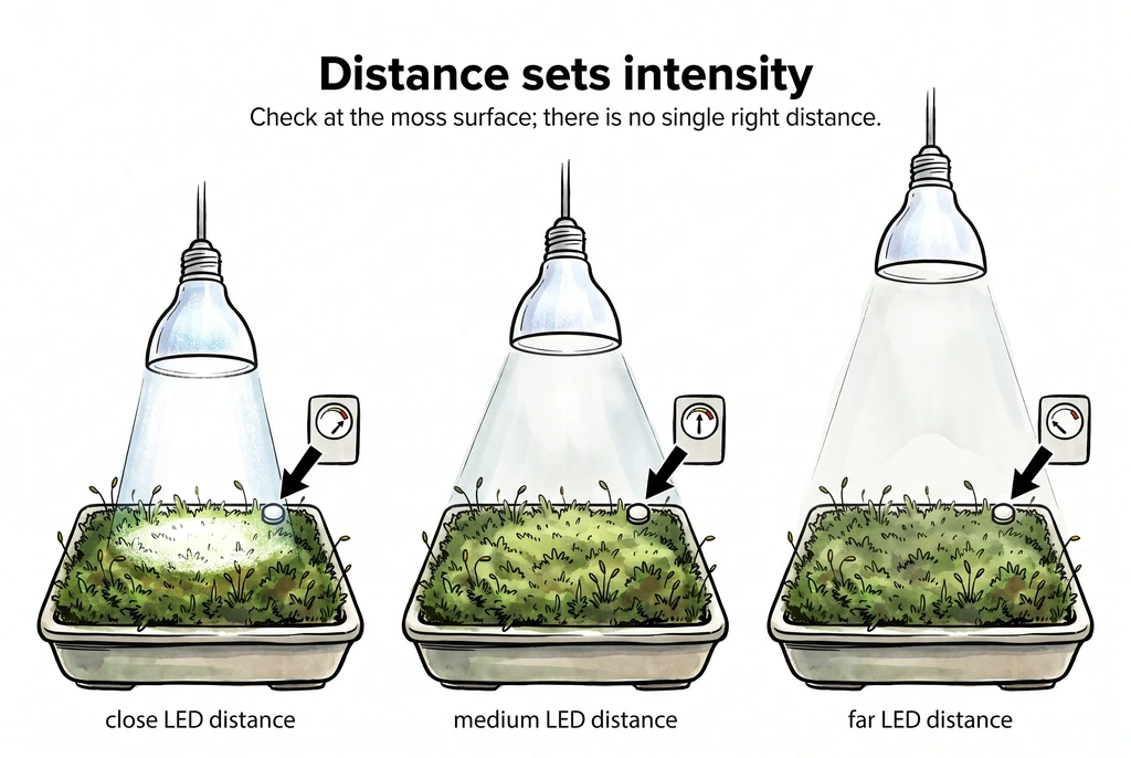 Diagram showing how LED positioning distance changes light intensity at the moss surface