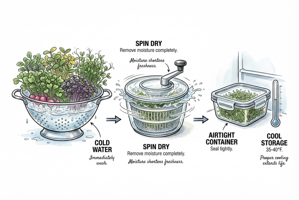 Illustration of the post-harvest flow: optional rinse, spin-dry, and cold storage of microgreens