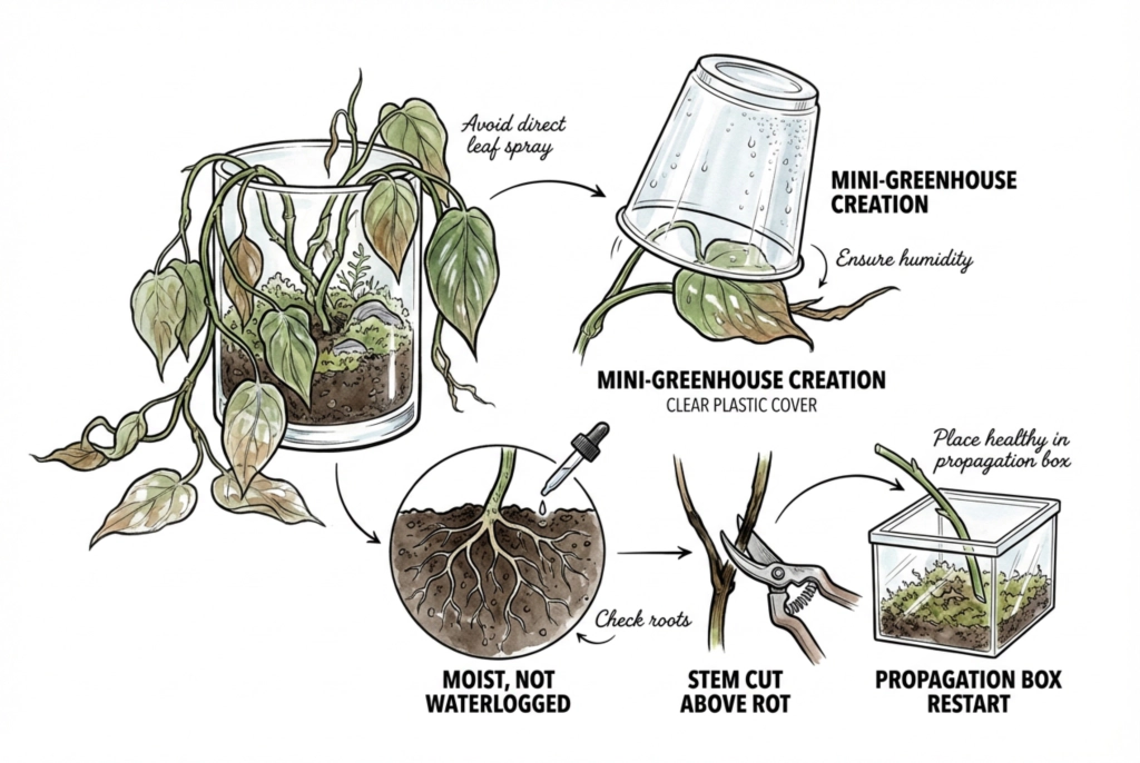 Conceptual triage illustration: tenting a cutting, checking roots, and pruning damaged growth.