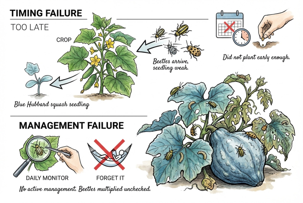 Illustration of a failed trap crop planted too late and left unmanaged, with pests on the leaves.