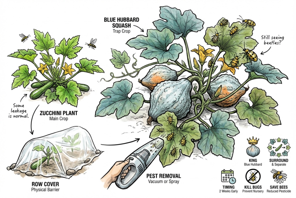 Illustration of floating row cover over the main crop combined with a perimeter trap crop and early-season pest removal.