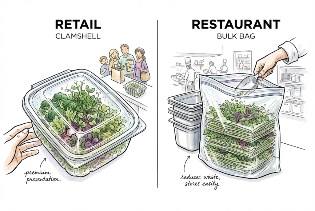 Illustration comparing microgreens in a retail clamshell with microgreens in a bulk bag