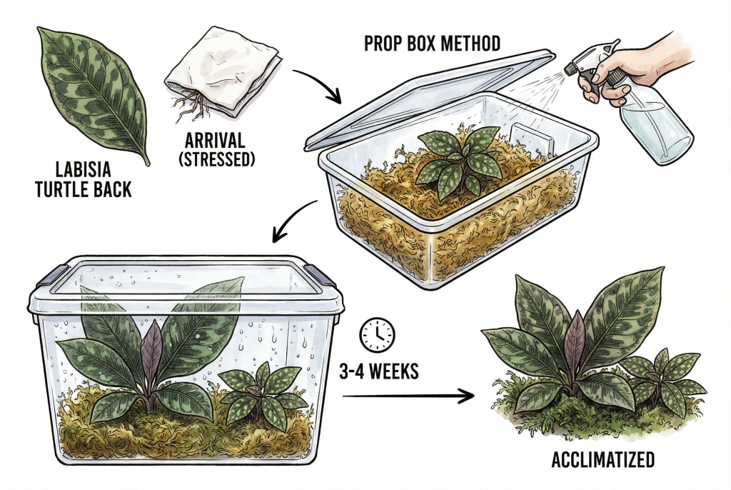 Illustration of a clear plastic storage bin with a lid, containing sphagnum moss and small plantlets, showing a simple acclimatization setup.