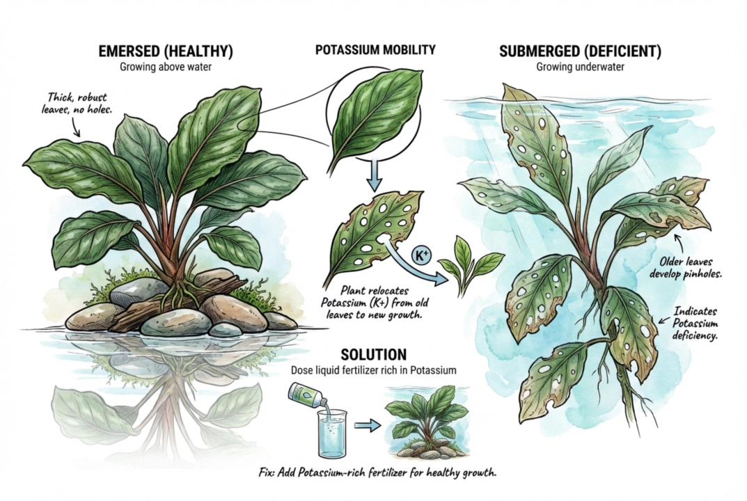 Illustration of a Bucephalandra leaf with small holes, one of several possible causes labeled