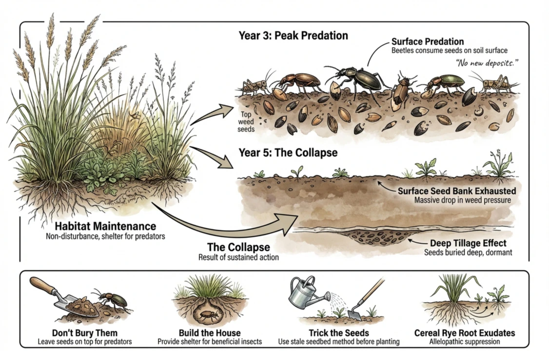 Illustration of tracking weed pressure over several years as the surface seed bank declines. Outcome is not guaranteed and depends on monitoring.