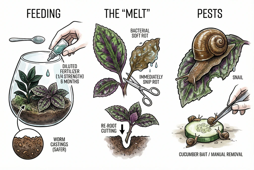 Illustration of a hand holding a cucumber slice used to bait a snail, representing terrarium pest management.