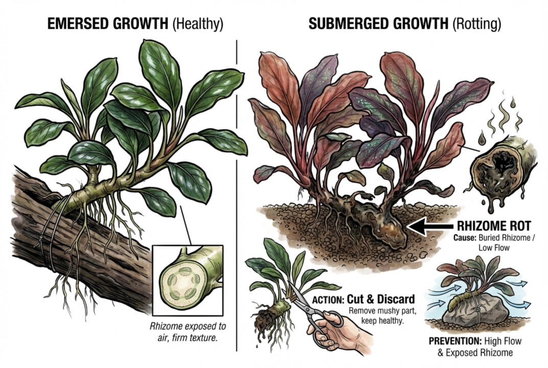 Illustration comparing a firm healthy rhizome with a soft, discolored rotting section