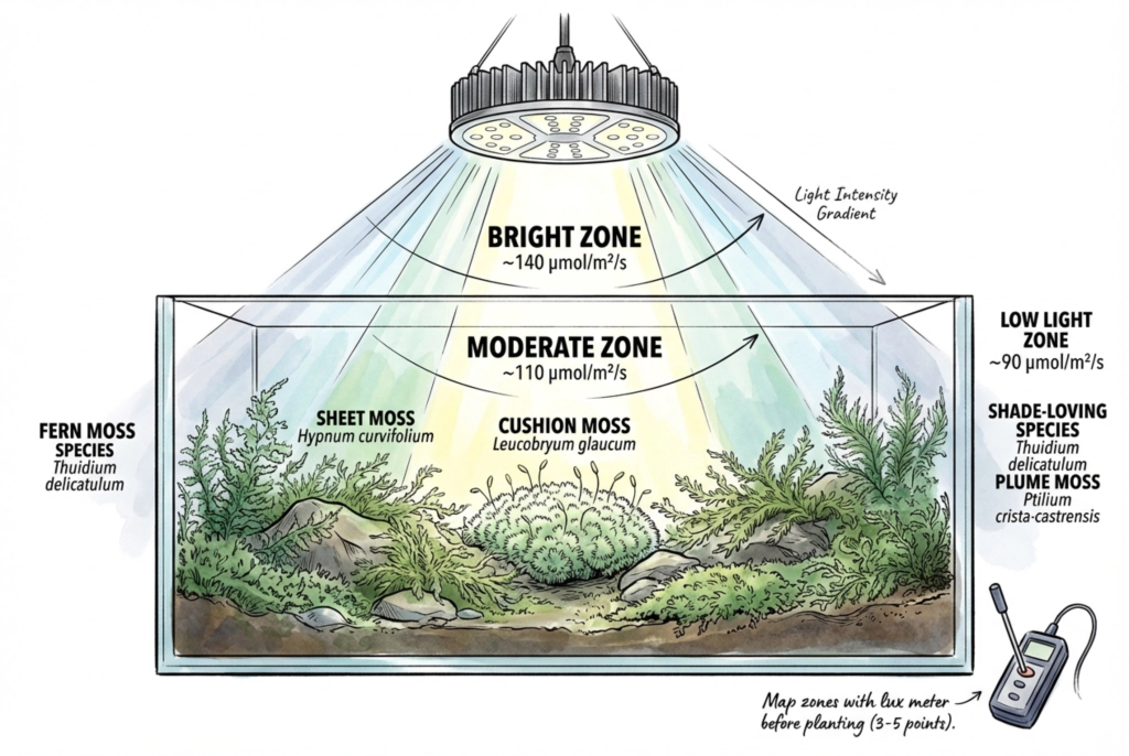 Terrarium diagram showing brighter centre and dimmer edge zones under a single overhead light
