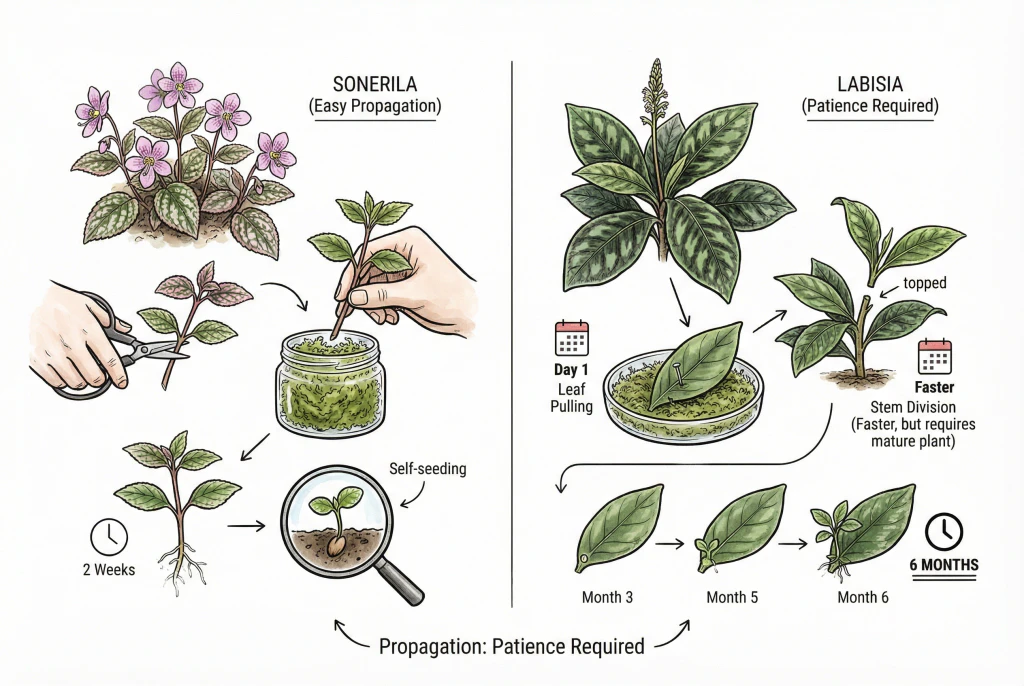 Illustration comparing a Sonerila stem cutting rooting in moss with a slower Labisia leaf pinning, suggesting different propagation speeds.