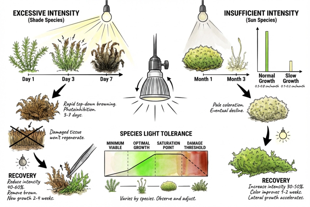 Illustration contrasting a moss stressed by too much light with one weakened by too little