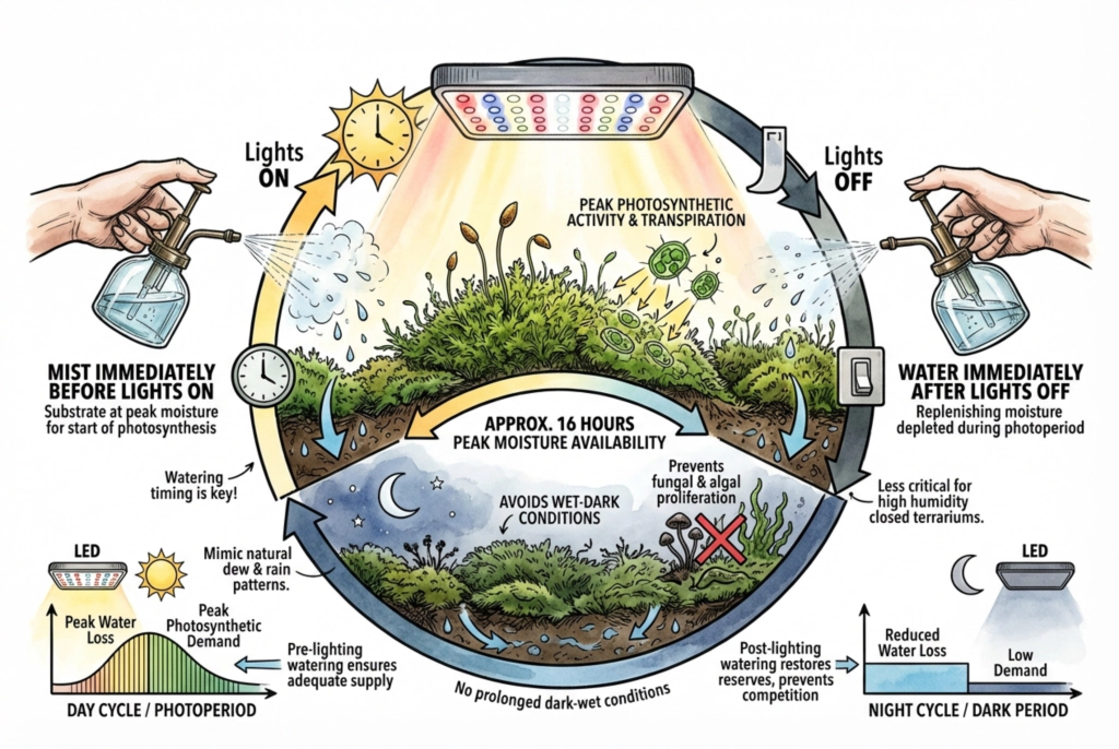 Diagram coordinating watering with the terrarium light schedule