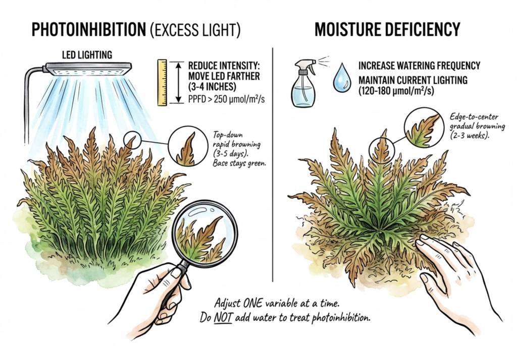 Diagram of browning patterns used as clues when troubleshooting moss health