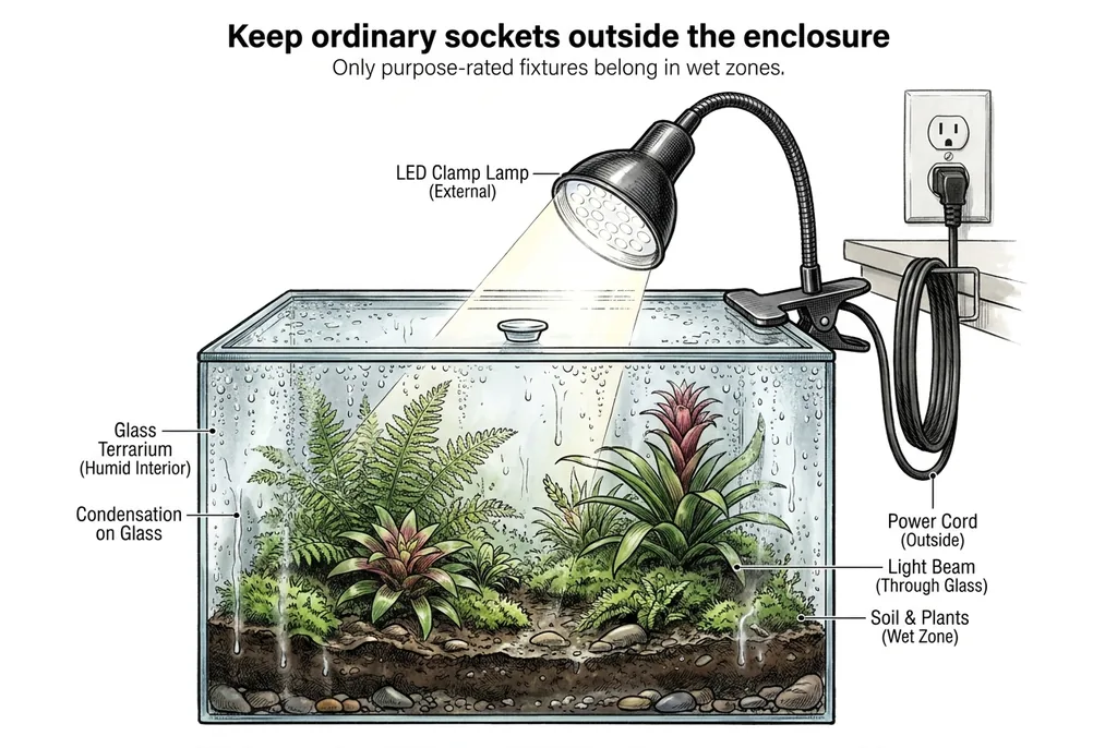 Diagram showing an ordinary lamp mounted outside a humid enclosure rather than inside it