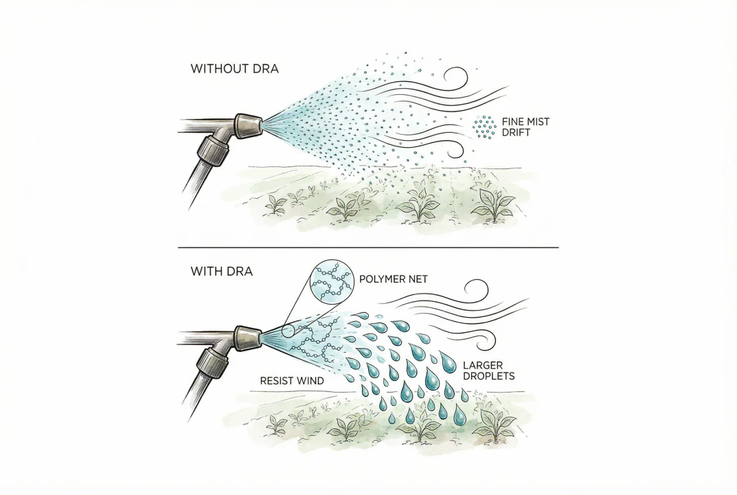 Diagram comparing a spray with and without a drift reduction adjuvant, showing fewer fine droplets when a DRA is used