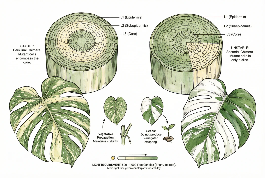 Diagram contrasting a periclinal chimera, where a distinct cell lineage occupies a complete meristem layer, with a sectorial chimera, where a variegated sector runs down one side of the shoot.