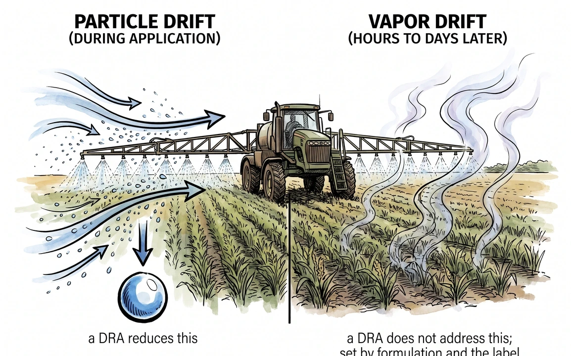 Diagram distinguishing particle drift (airborne droplets moving during application) from vapor drift (gas moving after application)