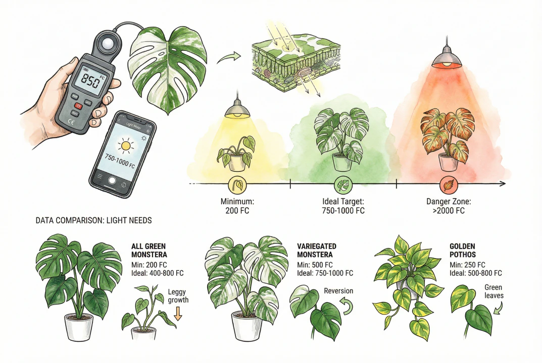 A handheld lux meter held at leaf level next to a variegated plant to read light intensity at the foliage.