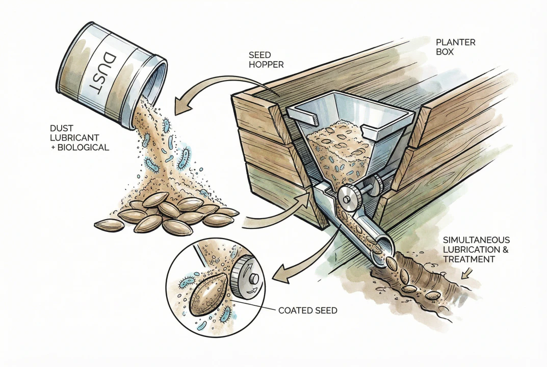 Concept diagram of a planter-box application: a soy-derived lubricant carrying the biological is added to the seed hopper in place of graphite or talc.