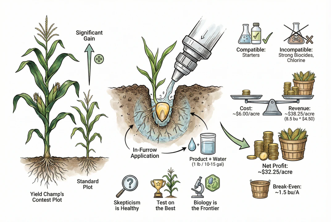Concept diagram of an in-furrow application: liquid delivered with the seed at planting through the furrow.