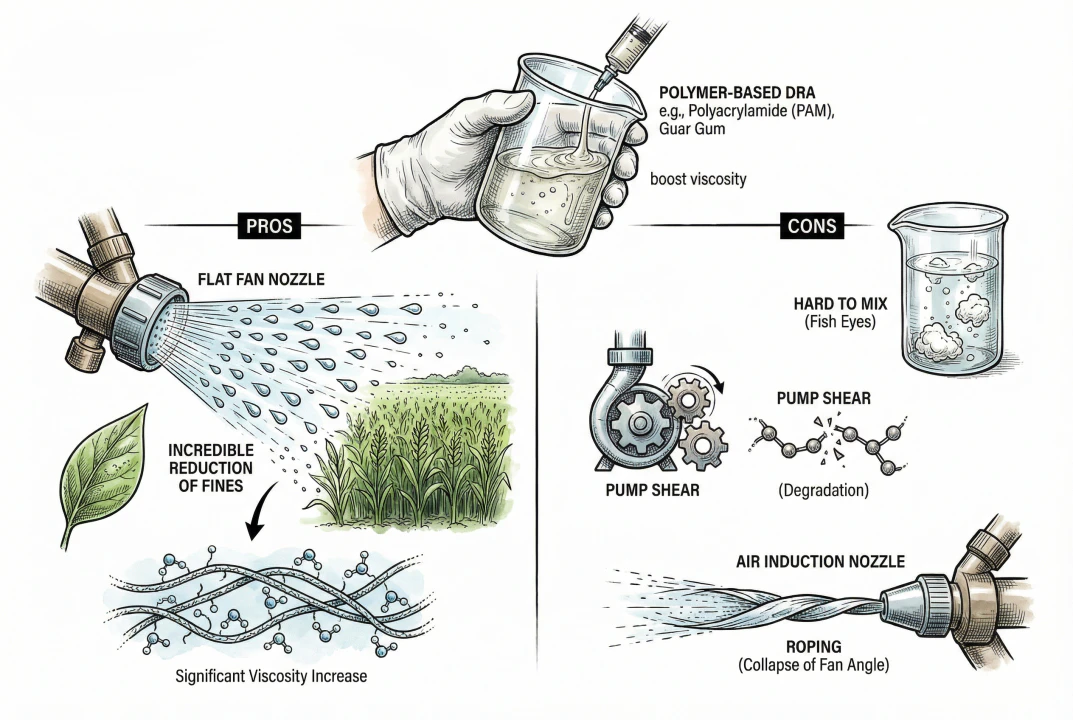 Diagram of a polymer-based drift reduction adjuvant showing reduced fines, mixing fish eyes, pump shear, and roping with air-induction nozzles