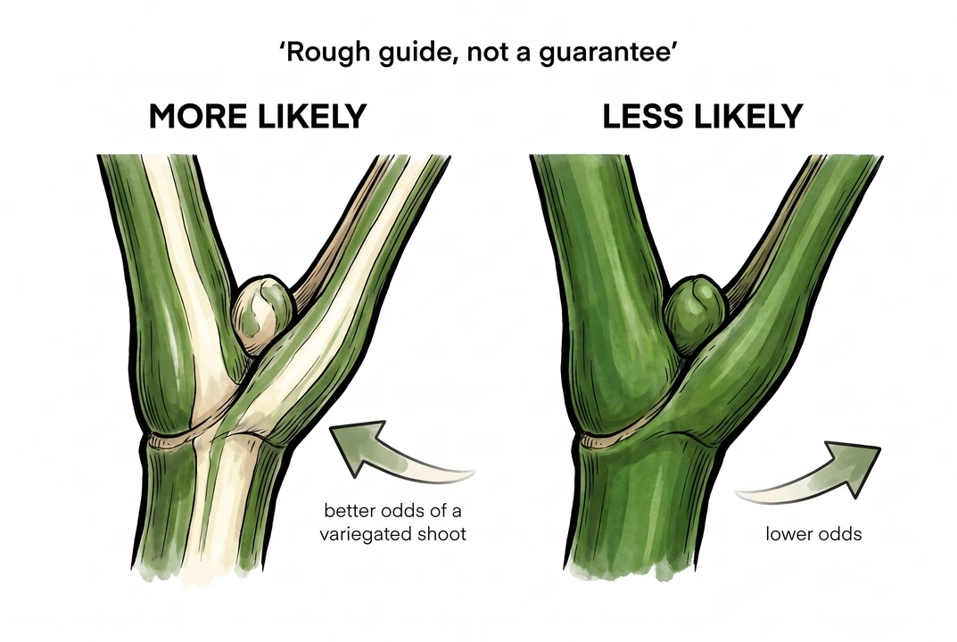 Variegated Monstera stem with a white stripe running through the axillary bud eye at a node.
