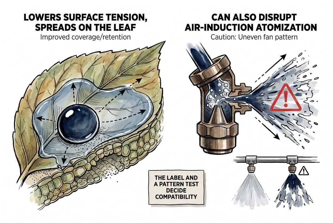 Diagram of an oil-based drift reduction adjuvant modifying surface tension and improving leaf coverage