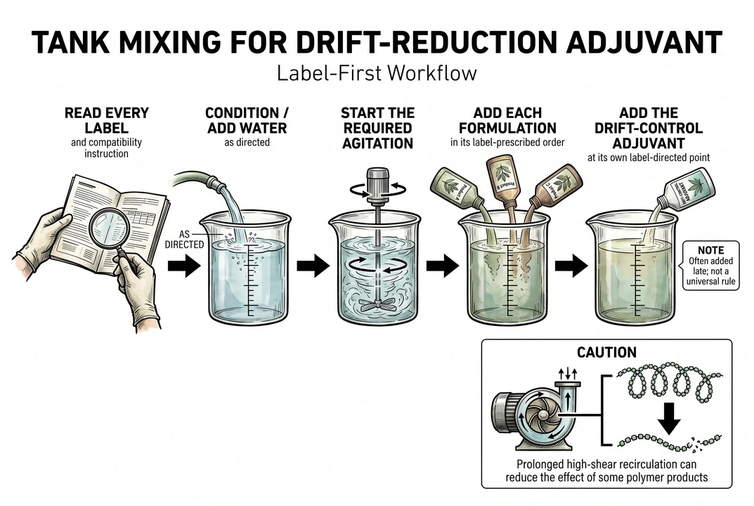 Diagram of the WALES tank-mix sequence and a caution about pump shear degrading polymer adjuvants