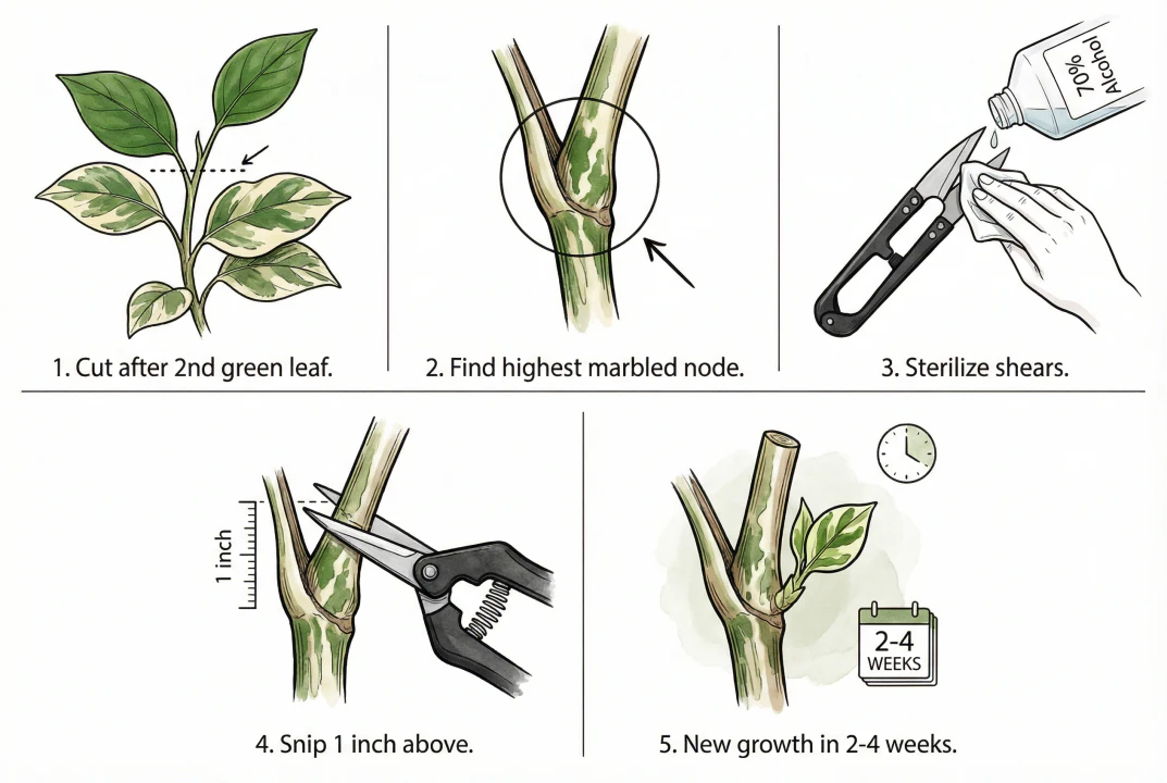 Pruning cut removing all-green growth just above a variegated node on a plant stem.