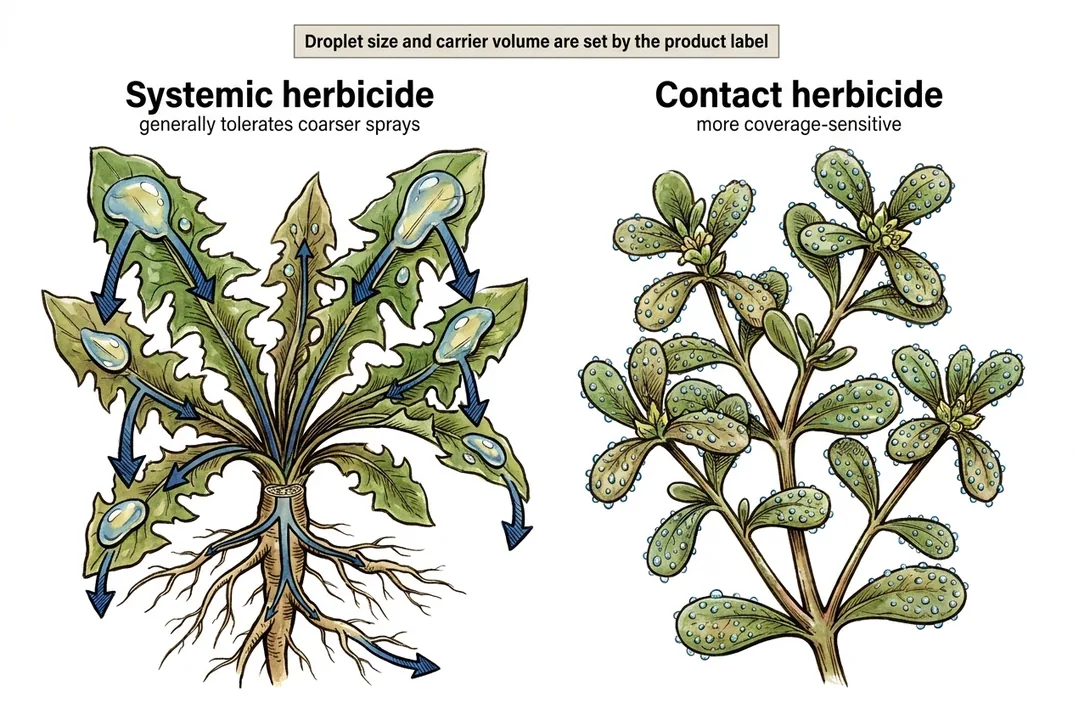 Diagram comparing coverage needs of systemic versus contact herbicides at coarse droplet sizes