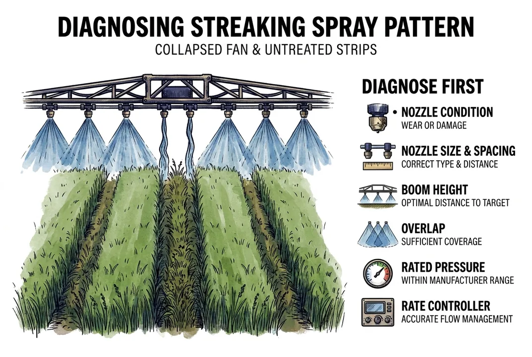 Diagram of a streaking, rope-like spray pattern leaving strips of untreated crop between passes