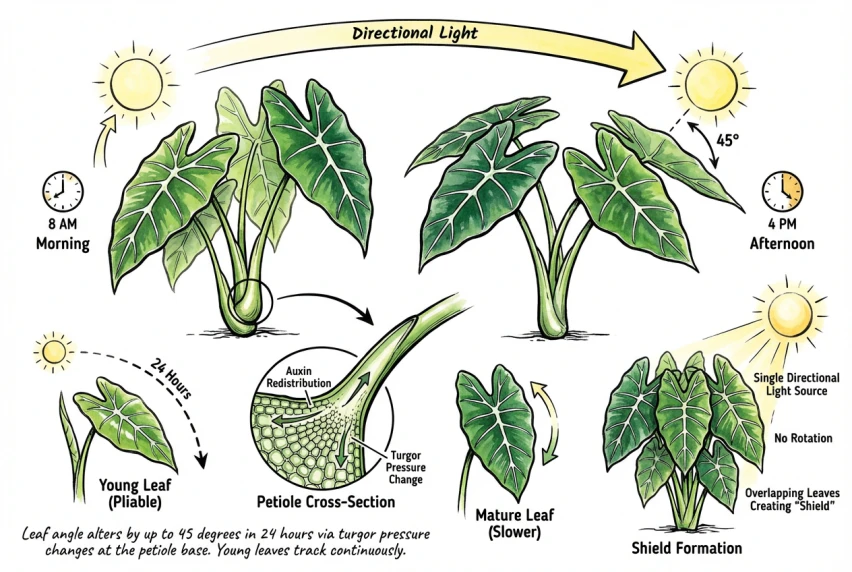 Diagram illustrating that an emerging leaf grows toward the light while it is still expanding, with less change once the leaf matures.