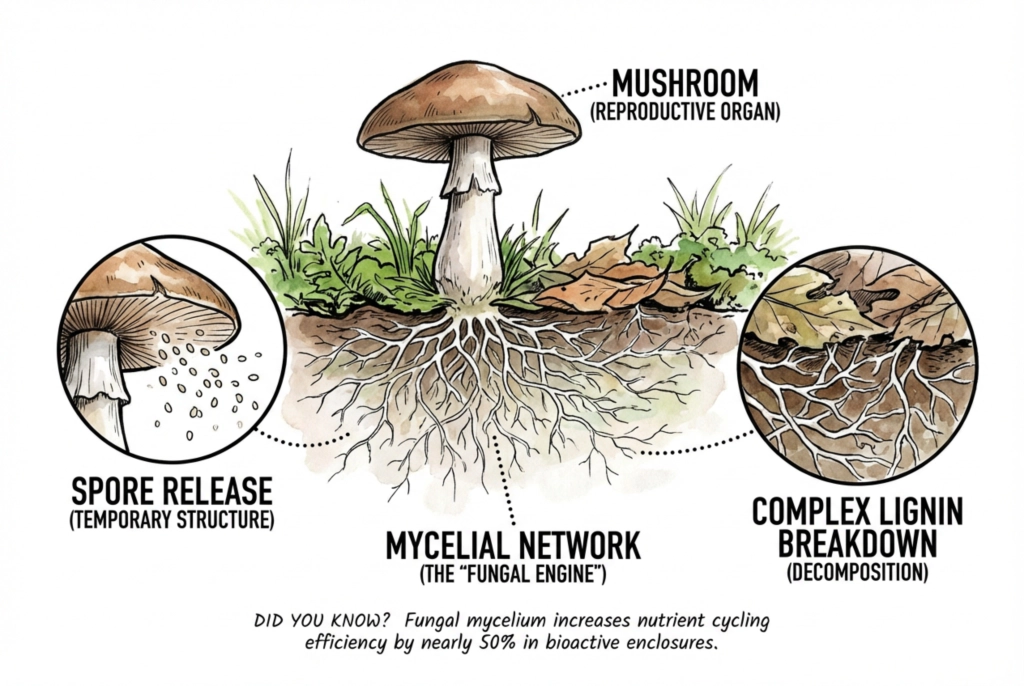 Diagram distinguishing a mushroom fruiting body, released spores, and the underlying mycelial network. Illustration. Efficiency figures are not from a cited source.