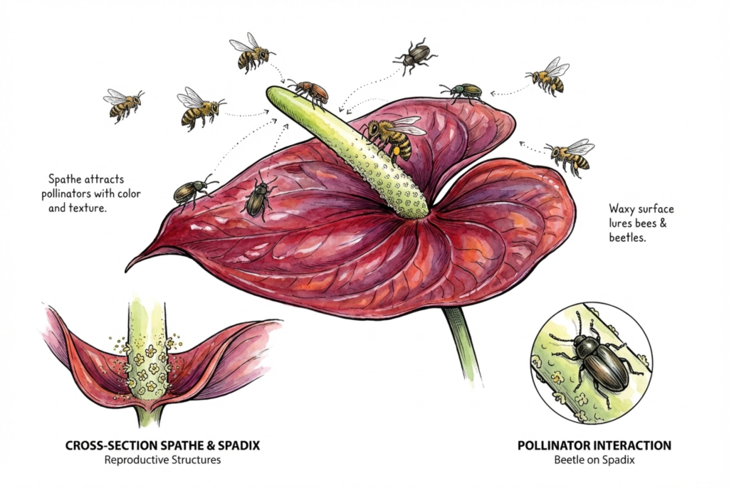 Illustration labeling the spathe as the modified leaf that subtends the central spadix of an Anthurium inflorescence.