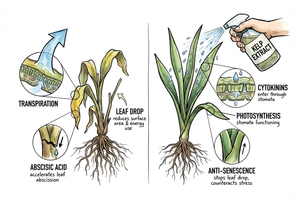 Concept illustration of a stressed plant shedding an older leaf, with labels for hormones involved in leaf drop.
