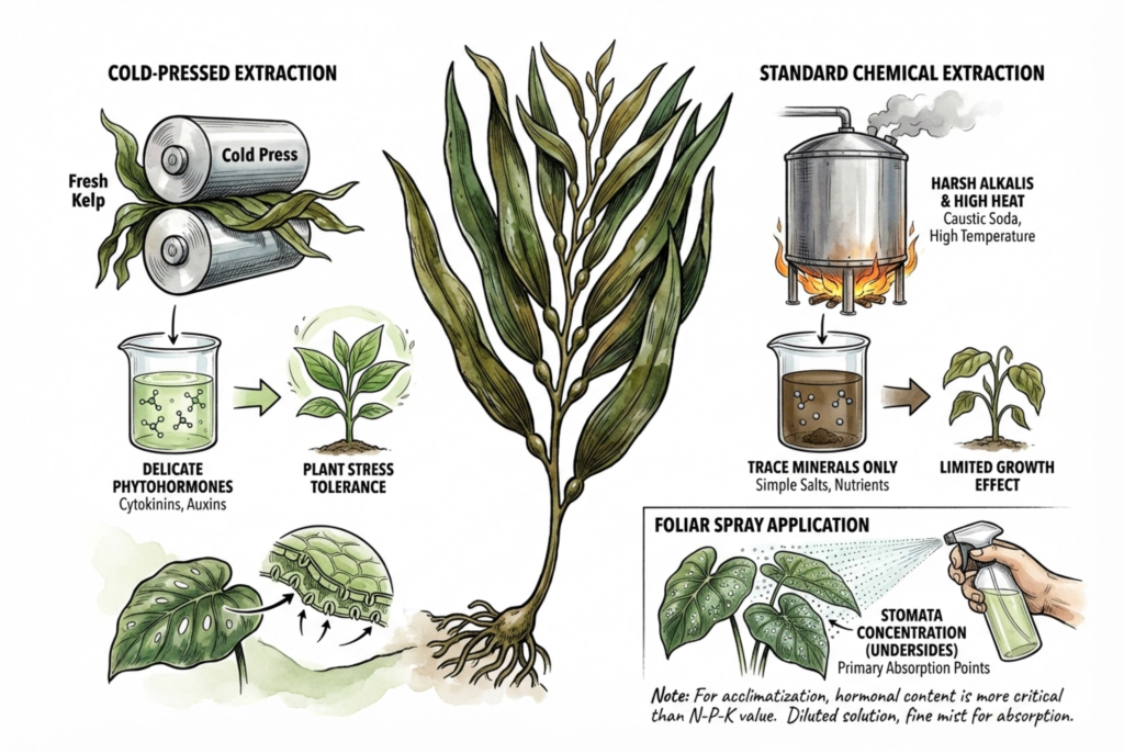 Concept illustration contrasting two kelp extraction methods.