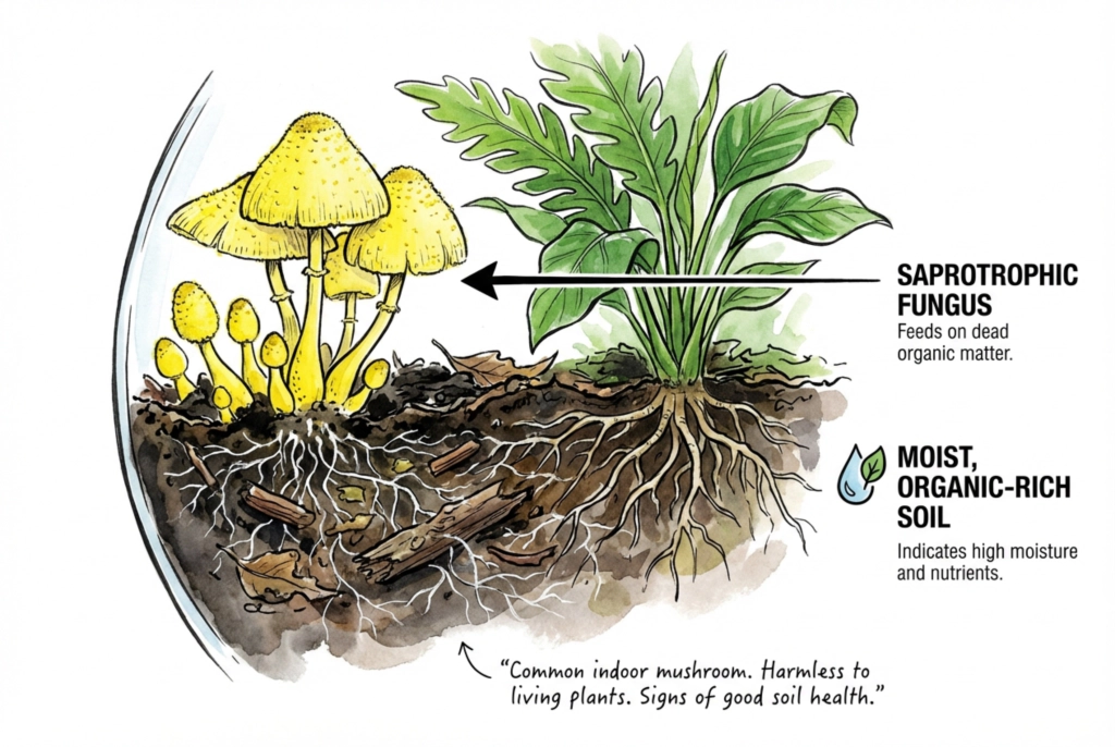 Bright lemon-yellow mushrooms with a ringed stalk growing from dark organic soil, illustrating the yellow houseplant mushroom.