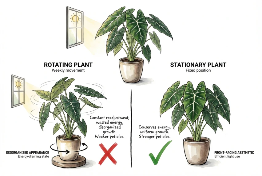 Comparison illustration: a plant kept in one orientation shows leaves facing one way, while a rotated plant shows leaves facing several directions.