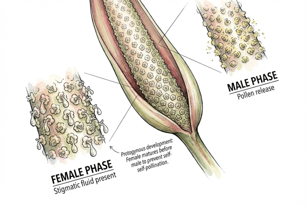Illustration of the Anthurium spadix covered in many small bisexual flowers, with the female stage shown preceding the male stage.
