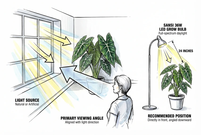 Top-view diagram of a plant with a light source and a viewer positioned on the same side, so the light falls on the leaf faces the viewer sees.