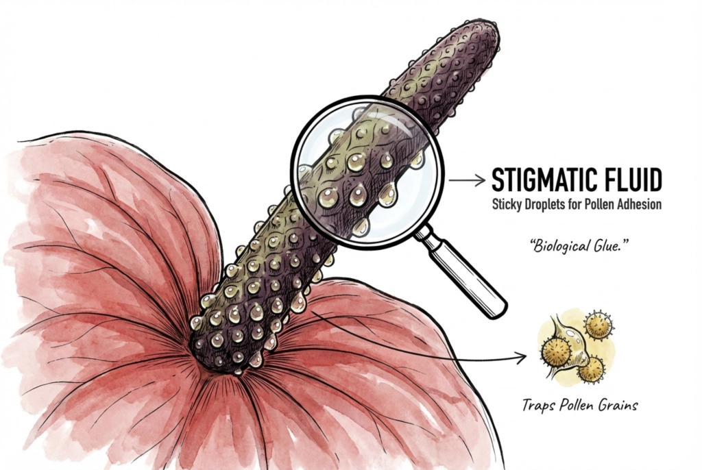 Illustration of an Anthurium spadix in the female stage with small glistening droplets of stigmatic fluid on the flowers.
