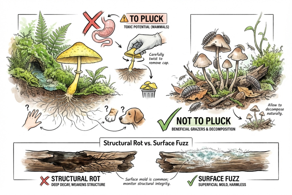 Comparison of leaving an identified saprotrophic mushroom versus removing an unidentified one, with a note on pet and child access.