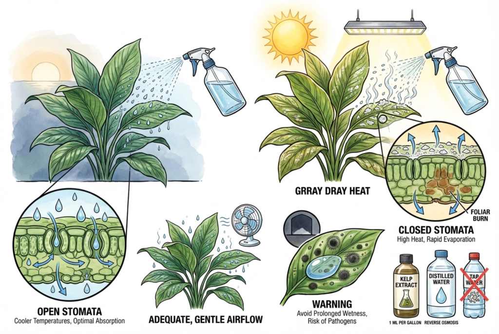 Concept illustration of spraying a plant in cooler light, with notes on water and timing.