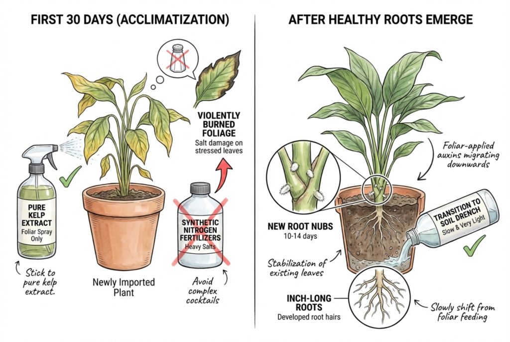 Concept illustration comparing kelp extract with a stronger fertilizer on a recovering plant.