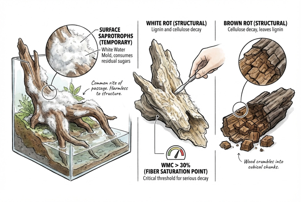 Illustration contrasting soft white surface growth on new wood with the white-stringy and brown-cubical patterns of structural wood rot.