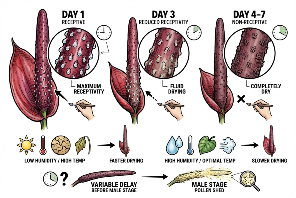 Illustration showing that the female receptive window lasts only a limited time, so the spadix should be checked daily.