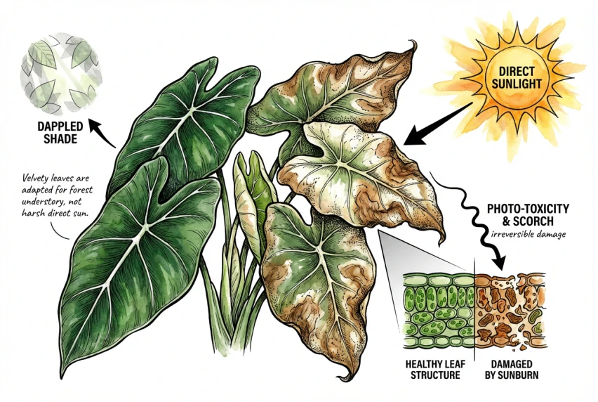 Comparison of a healthy velvety Alocasia leaf next to a leaf with brown, crispy, scorched patches.
