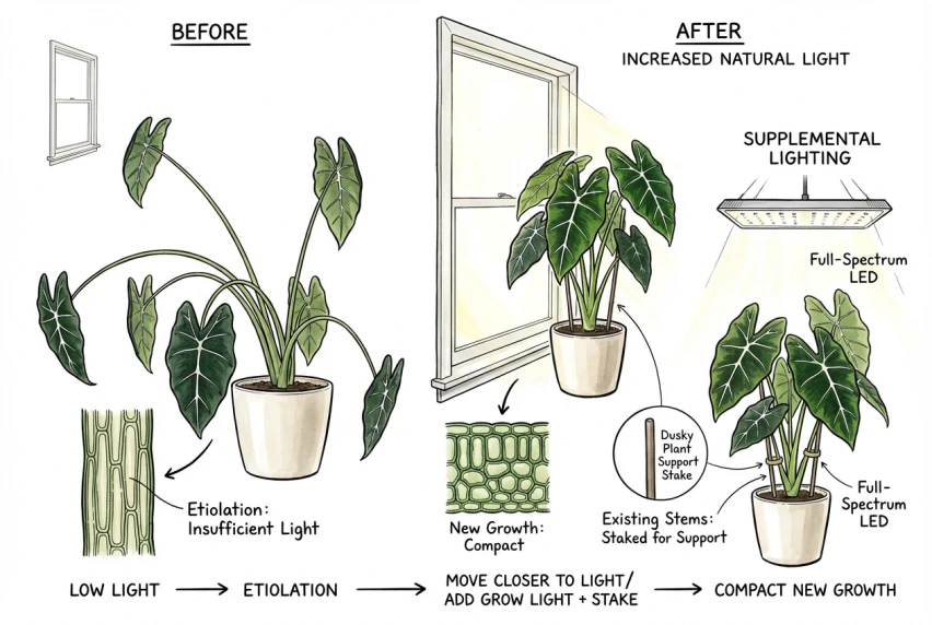 Before-and-after illustration: long drooping petioles loosely tied to a stake, with more compact new growth coming in.