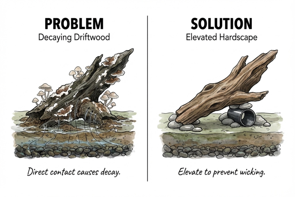 Driftwood raised on rock or PVC so its base does not sit directly in the drainage reservoir.