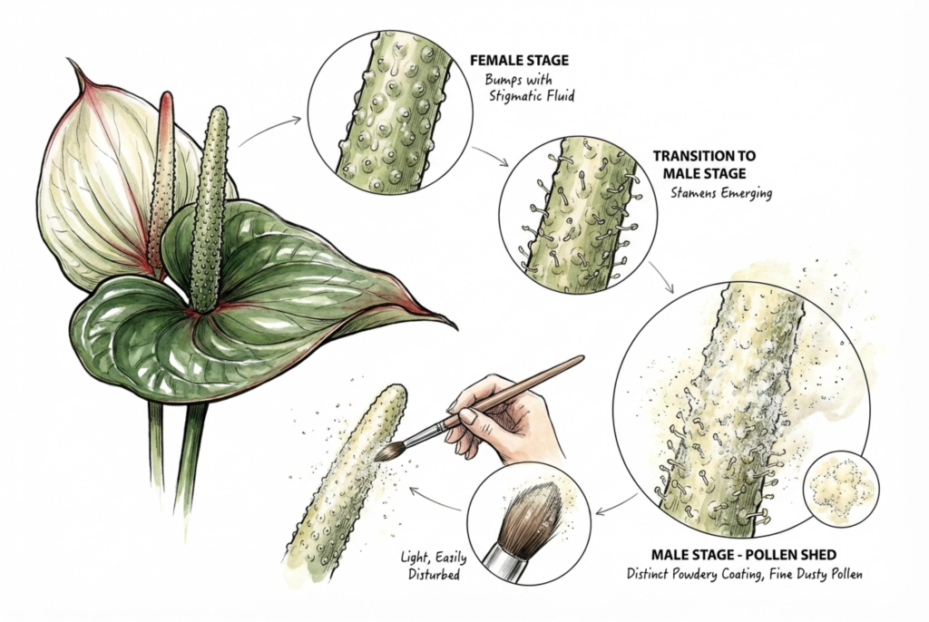 Illustration comparing the wet-stigma female stage with the male stage, where stamens emerge and present powdery pollen on the spadix.