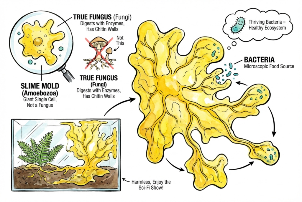A bright yellow, branching slime-mold plasmodium spreading across terrarium glass, shown separately from a mushroom-forming fungus.
